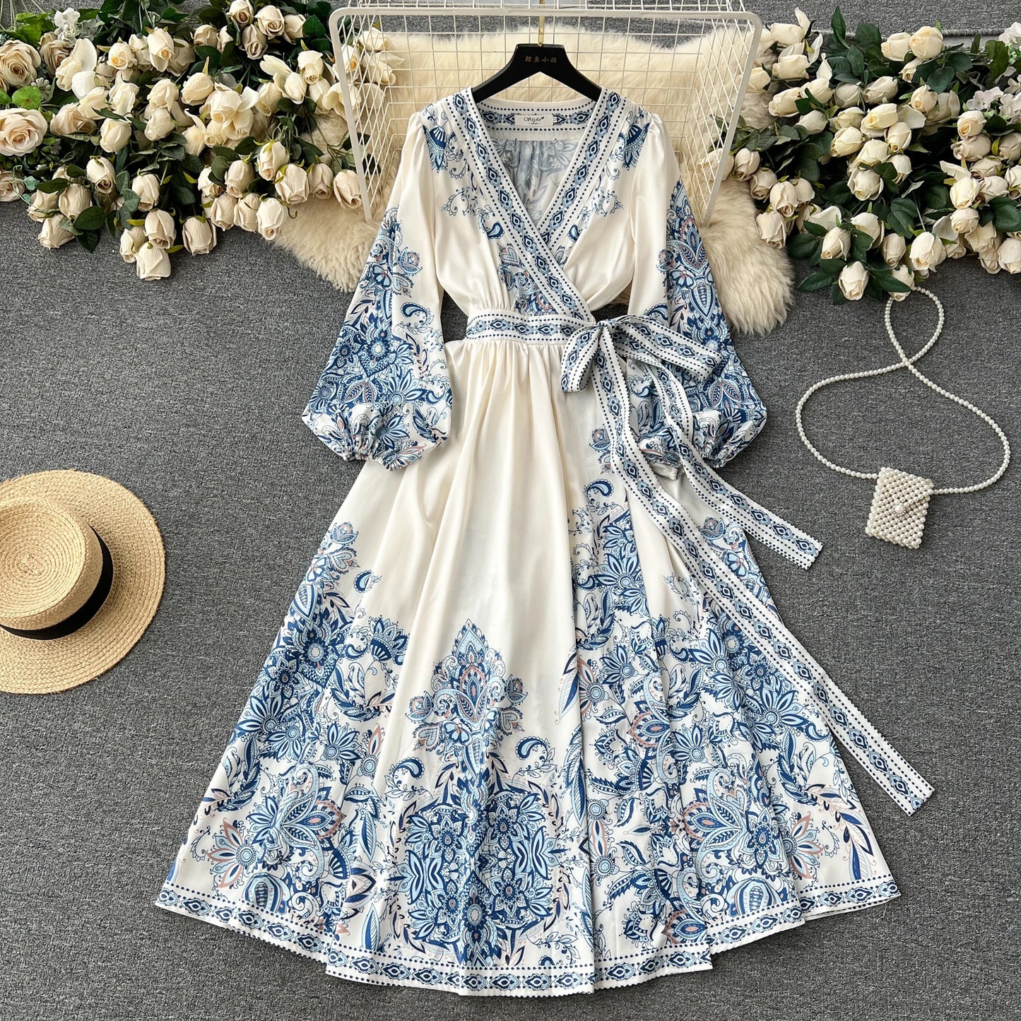 Autumn Vintage Floral Long Dress for Women Ruched Full Sleeve Luxury Cotton Female Vestidos Waist Lace Up Runway Maxi Traf New