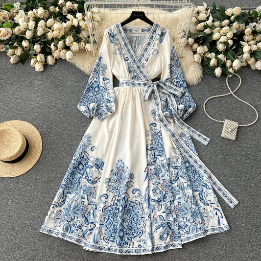Autumn Vintage Floral Long Dress for Women Ruched Full Sleeve Luxury Cotton Female Vestidos Waist Lace Up Runway Maxi Traf New