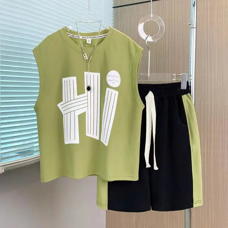 2 PCS Boy Summer New Children Vest Clothing Children4 5 6 8 10 12 14 Year  Short Sleeveless  Suit Kid Clothes