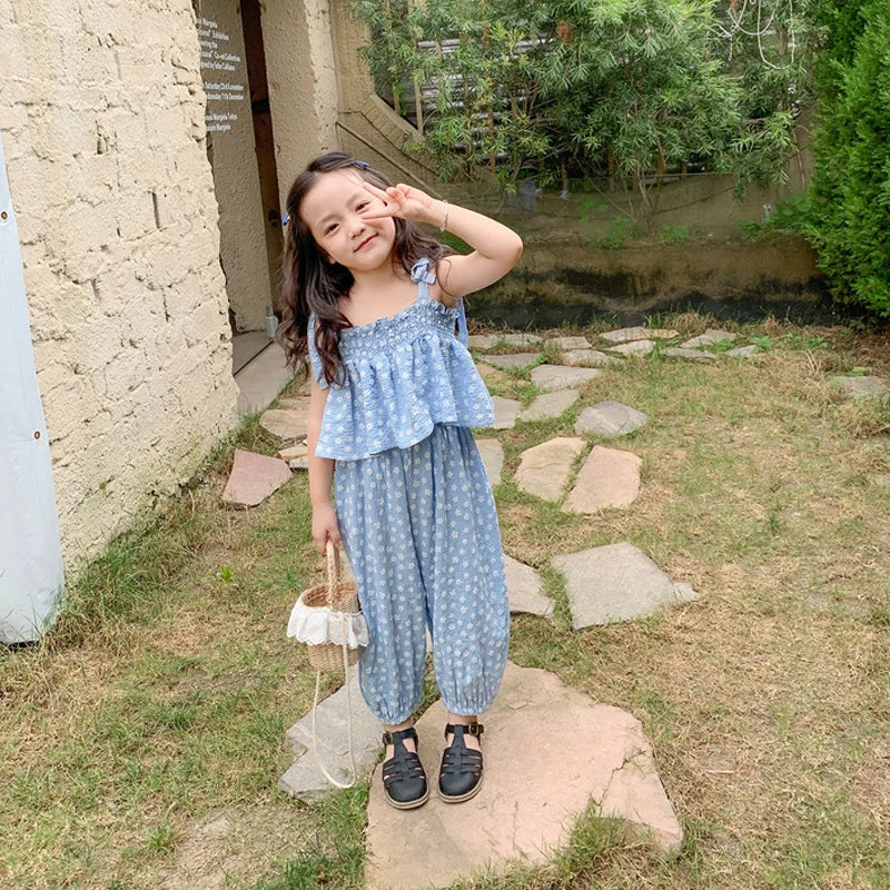 Summer Girls' Clothing Sets Sweet Cute Floral Camisole Plus Anti-Mosquito Pants Fashion Baby Kids Outfit Children Girls Clothes kids girls  toddlers