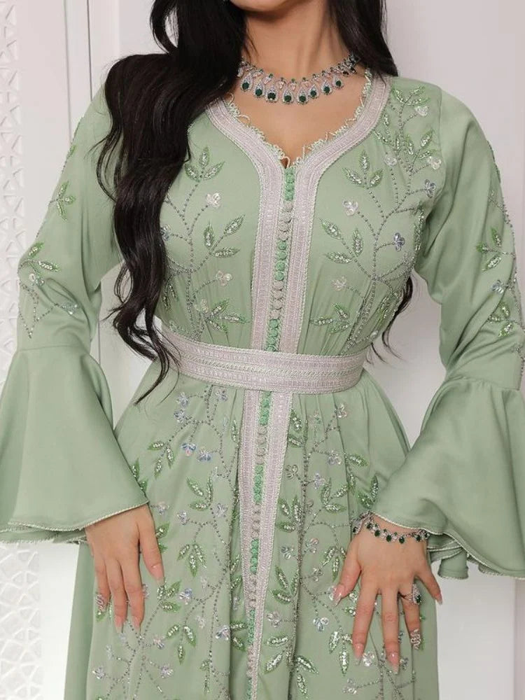 India Turkey Muslim Abaya Dresses Women Elegant Diamond Wedding Evening Party Dress Lace Belted Abaya Morocco Caftan Robe
