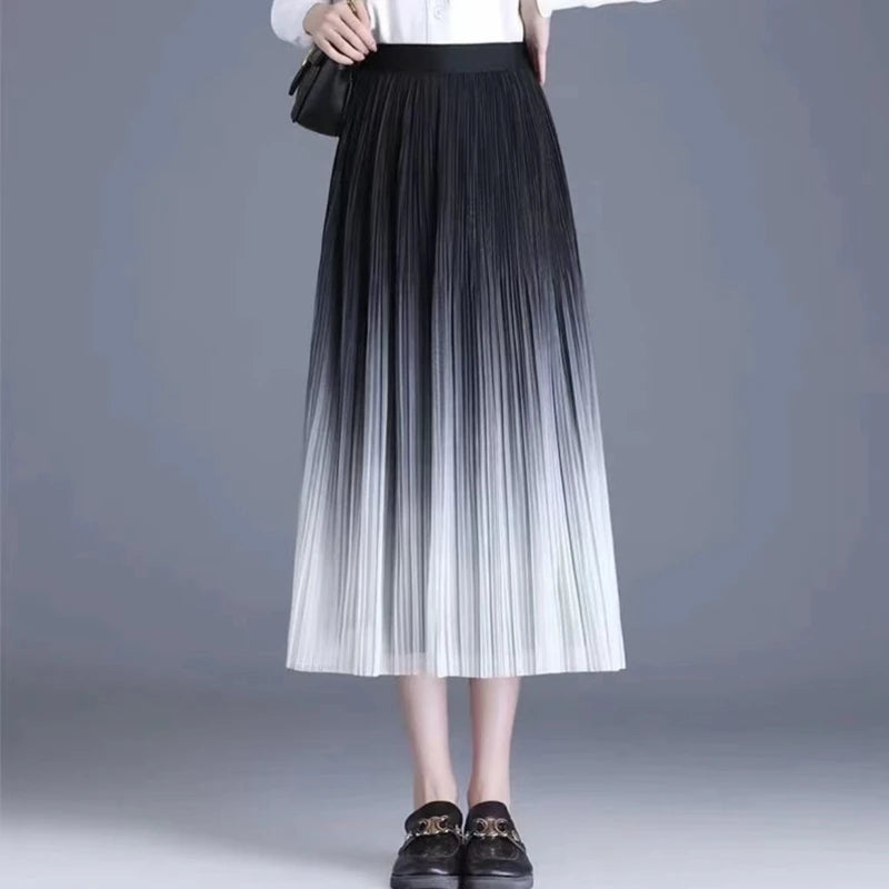 Fashion Gradient Pleated Mesh Tulle Skirts Women Elegant Casual High Waist A-Line Party Midi Long Skirt Ladies Spring Summer