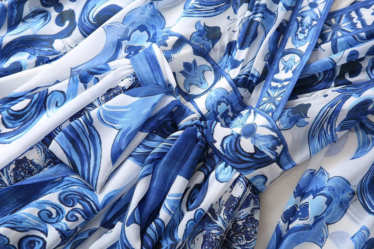 Designer Inspired Runway Fashion Summer  Women's Blue Floral Printed Bohemian Maxi Wrap Dress