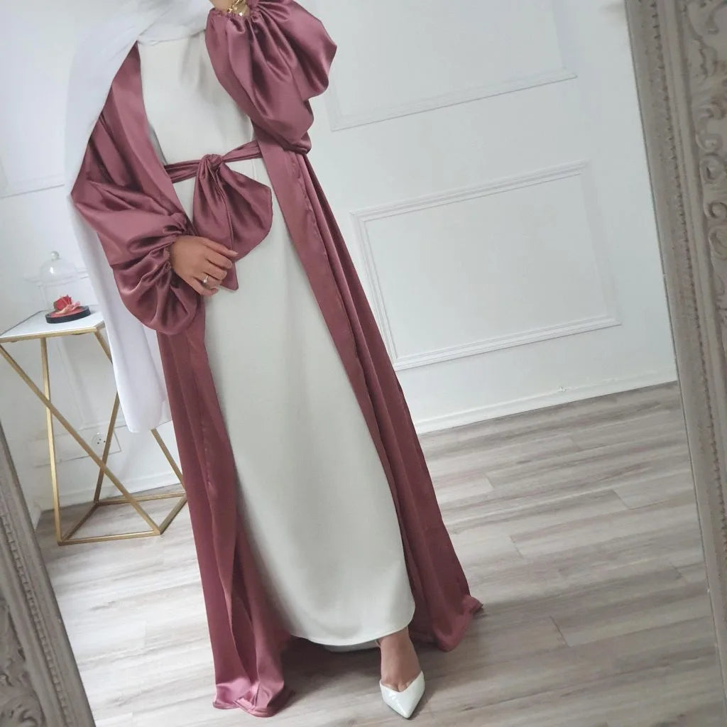 Elastic Cuff Muslim Dress for Women High Quality Polyester Open Abaya With Belt