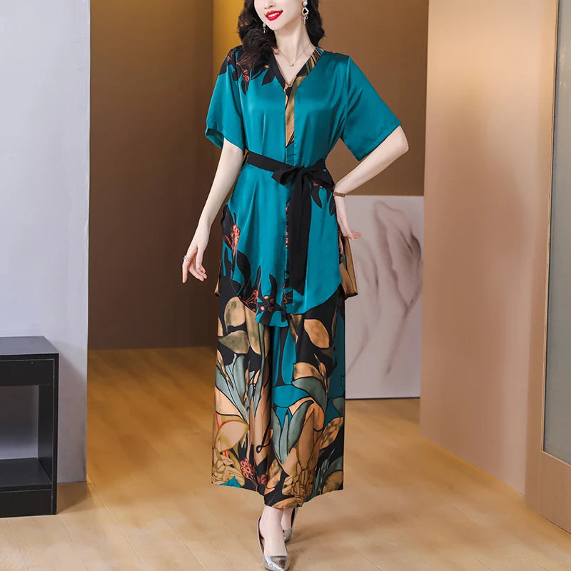 Summer New Silk Short Sleeve Set Satin Flower Print Medium Length Shirt Wide Leg Pants Women's Pants Two Piece Set
