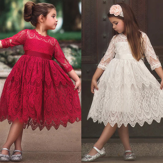 Red Long Sleeve Kids Dresses for Girls Embroidery Elegant Spring Girls Princess Party Dress Flower Lace Children Clothes 3-8 Yrs