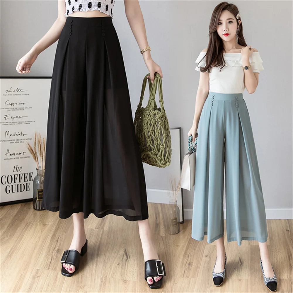 summer high waist Women's wide leg chiffon straight pleated Capris pants for women baggy pants woman trousers