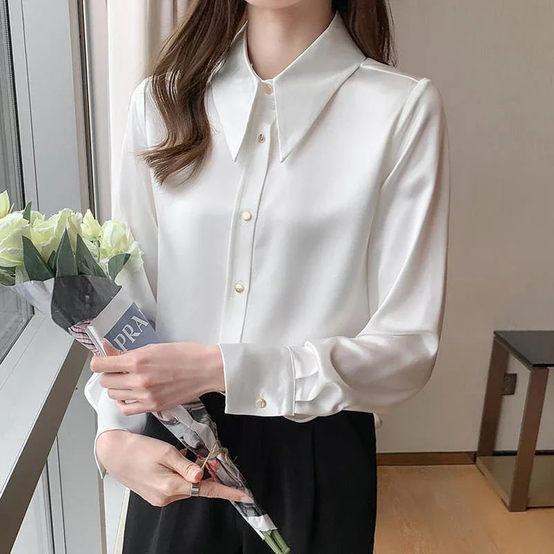 Elegant Fashion Polo-neck Chiffon Shirt Solid Long Sleeve All-match Bottomed Blouse Top Women Cardigan