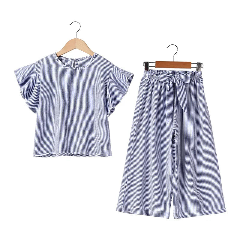 Summer Clothes Set Girls Children Striped Outfits Short-sleeved Tops + Wide Leg Pants Kids Clothes 5 6 7 8 9 10 11 12 year