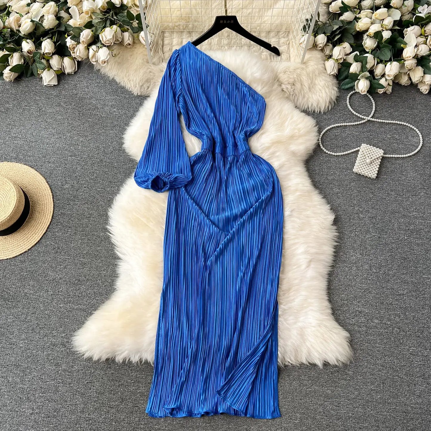 Elegant Chic Pleated  Dress Diagonal Collar Off Shoulder Long Sleeve Evening Vestidos Women Party Ceremonial Hip Wrap Dress