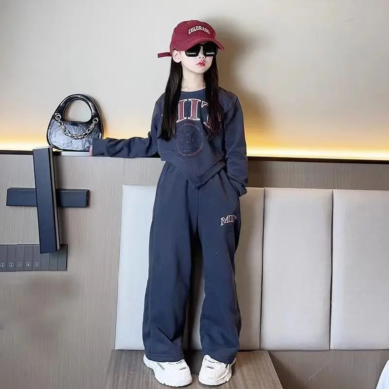 autumn kids Girls Clothes Suit Child irregular letters sweatshirt t-shirt + straight loose pant Tracksuit 8 9 10 11 12 year