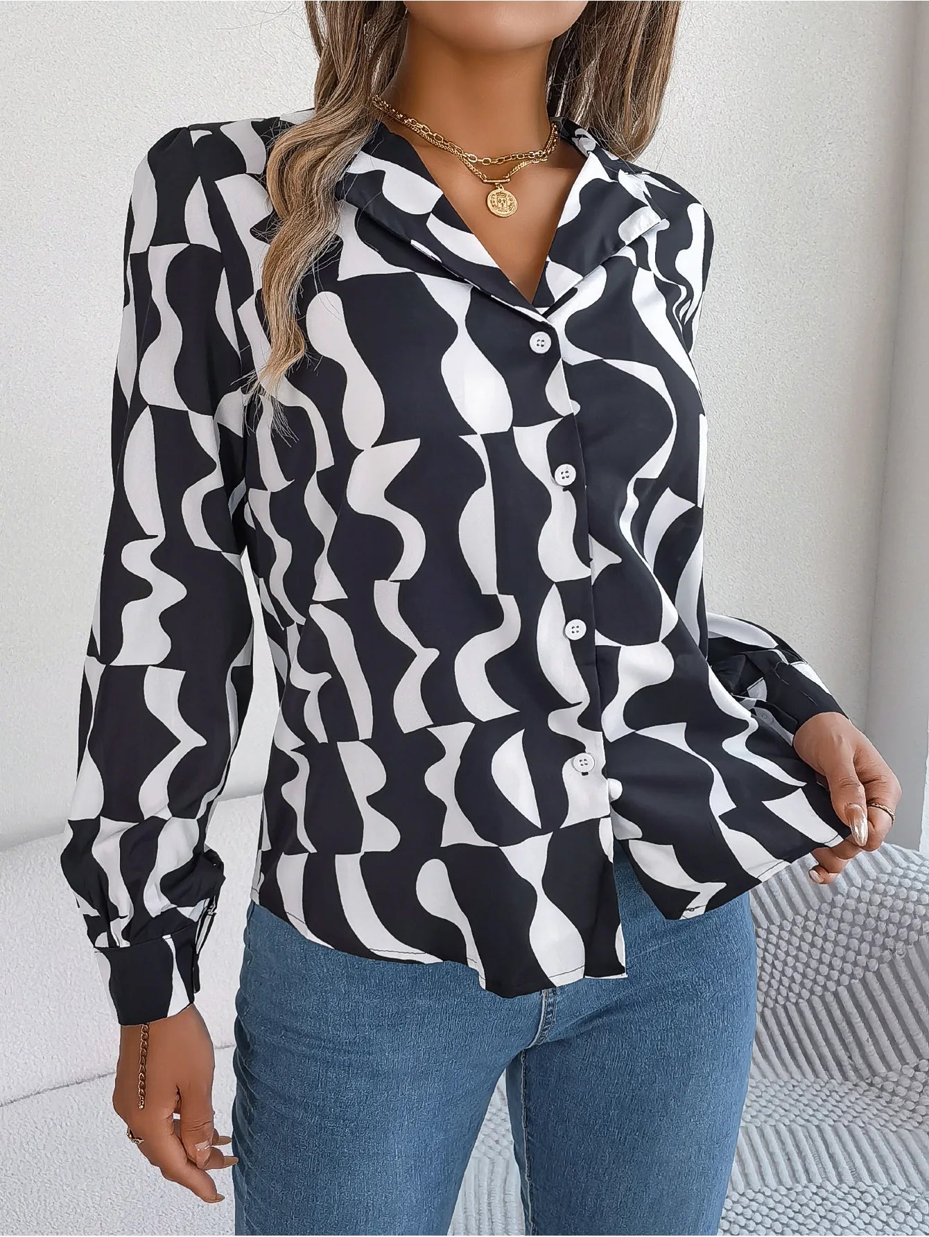 Autumn and Winter Shirts Contrast Stripe Notched Collar Long Sleeve Tops Women Single Breasted Elegant Shirt
