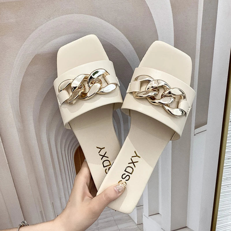 New Fashion Women's Slippers Square Toe Chain Slippers Flat Slide Sandals Beach Flip Flops Metal Decoration Casual Shoes