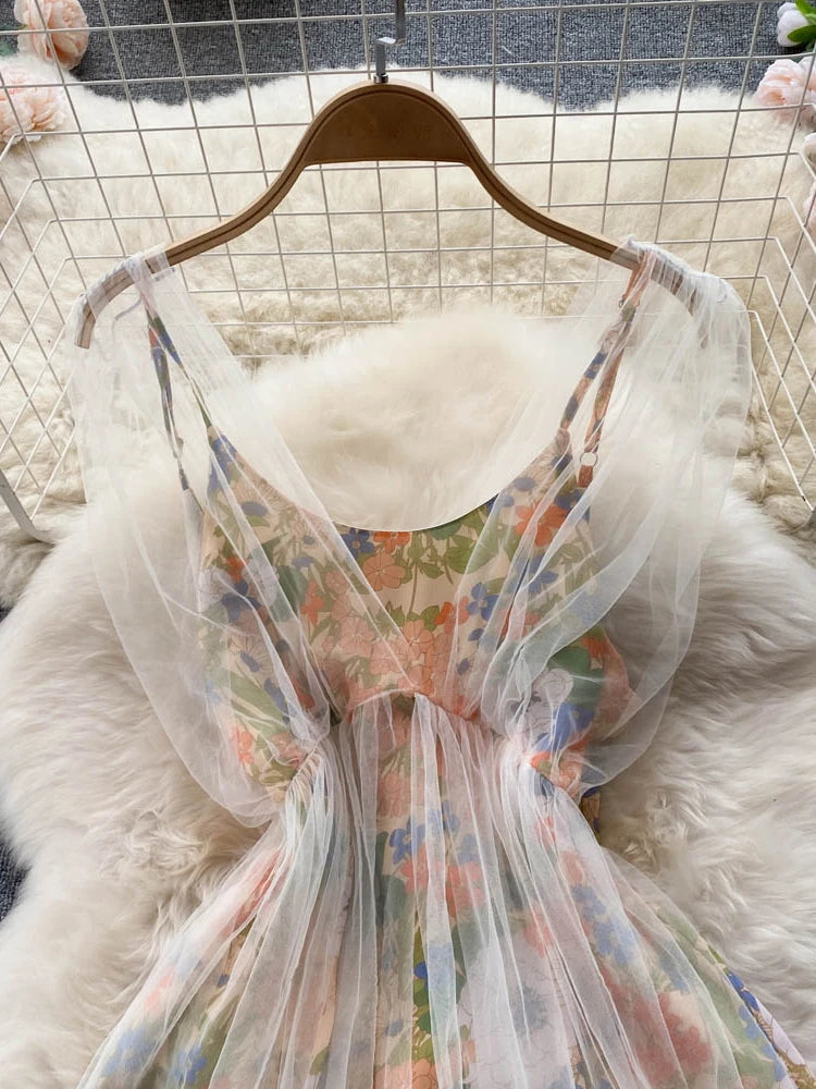 Women  Suspender Skirt Barbed Wire Gauze A-line Skirt Waist Thin and Gentle French Floral Dress  Female