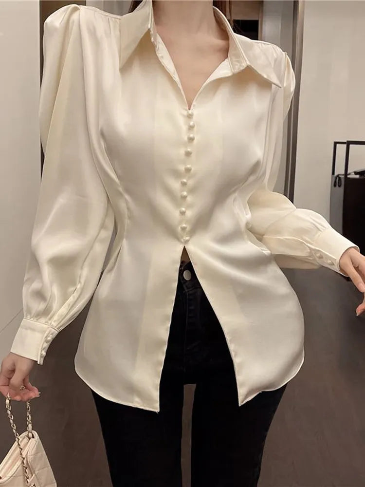 Women Back Bow Elegant Puff Sleeve Shirt Fashion Slim Casual Blouse Korean Hollow Out Turn Down Collar Tops