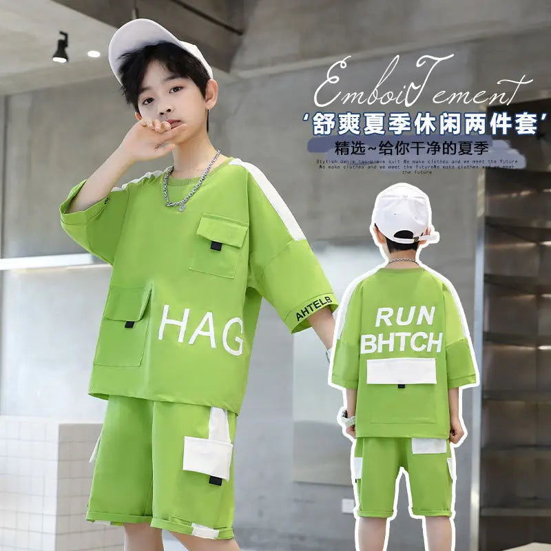 New Boys Clothing Sets Summer Kids Boys Suit T-shirt + Shorts 2 Pieces Suit Kids Teenage Outfits