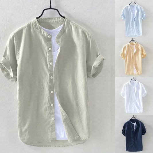 Men's Shirts Summer Baggy Cotton Linen Solid Short Sleeve Shirts For Men Retro Loose Button Up Shirt Blouse Men Chemise Homme