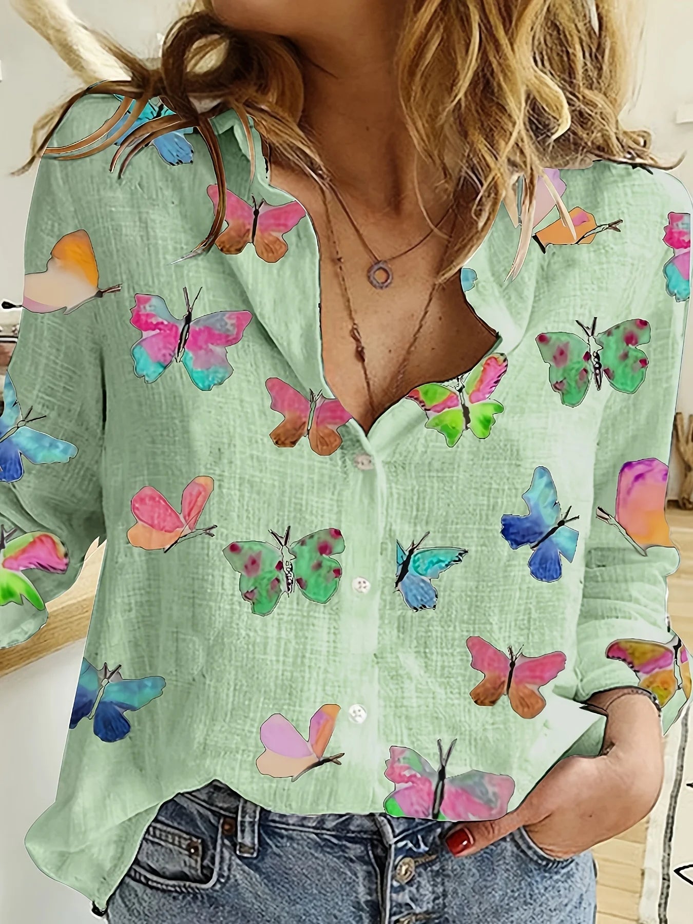 Fashion Retro Butterfly Group Print Long Sleeve Blouse  Spring Spring Lapel Button Casual Blouse Ladies Home Shirt
