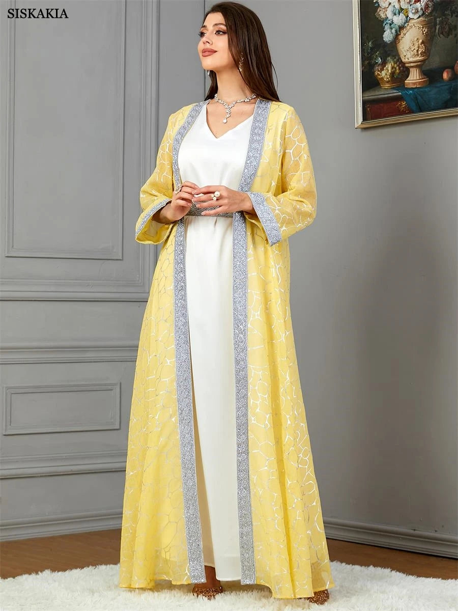 woman Floral Gold Stamping Open Kimono And White Sleeveless Under Dress With Sashes Jalabiyat Robe