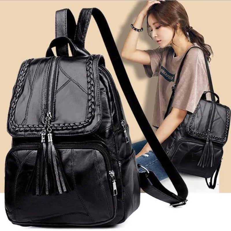 Women's PU Leather Backpack School Bag Classic Black Waterproof Travel multi-function Shoulder Bag
