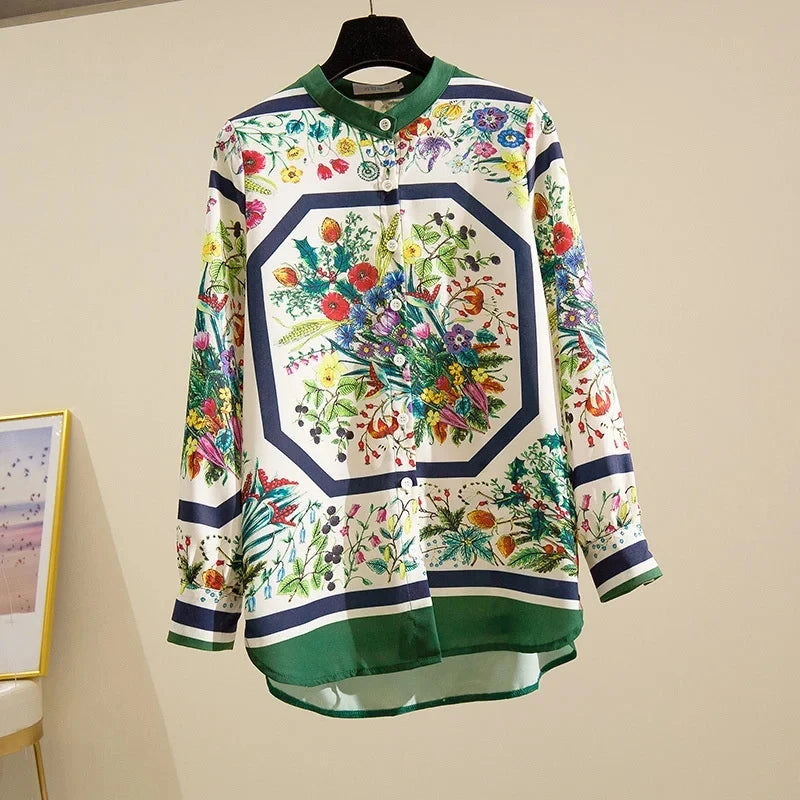 Women Spring Summer Satin blouses Blouses Shirt Lady Casual Long Sleeve Turn-down Collar Print Slim Tops
