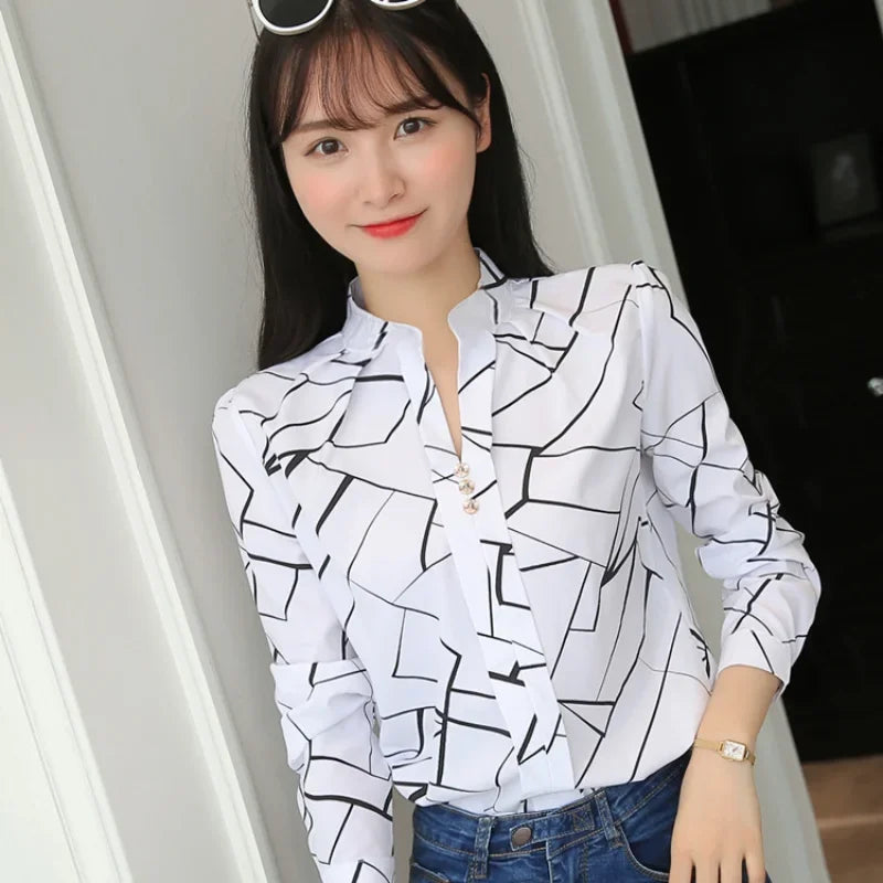 Women's Blouses Work Shirts Long Sleeve Women Tops Fashion Casual White Stripe Print Female Slim Shirt