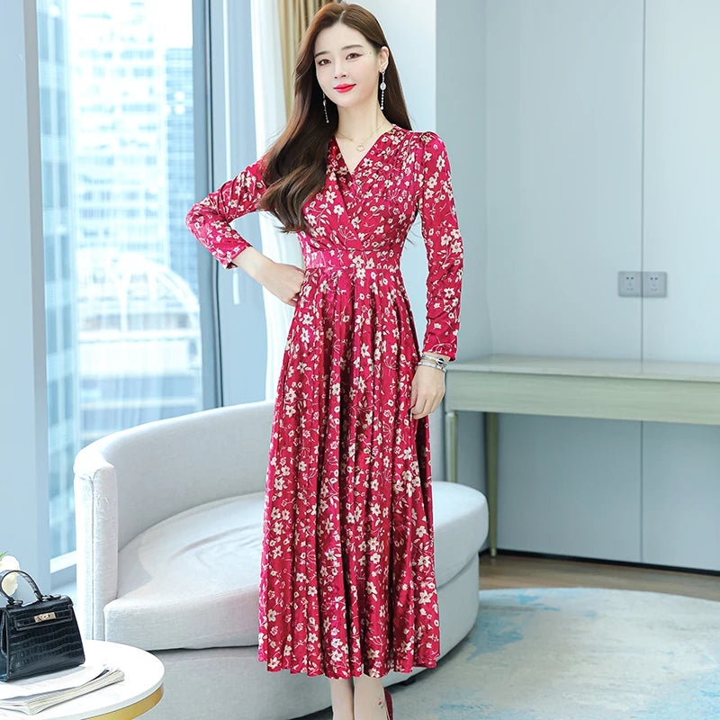 Summer Green Floral Chiffon  Loose Dress for Women Elegant Bodycon Party Dresses  Long Sleeve V-neck Night Long Vestidos