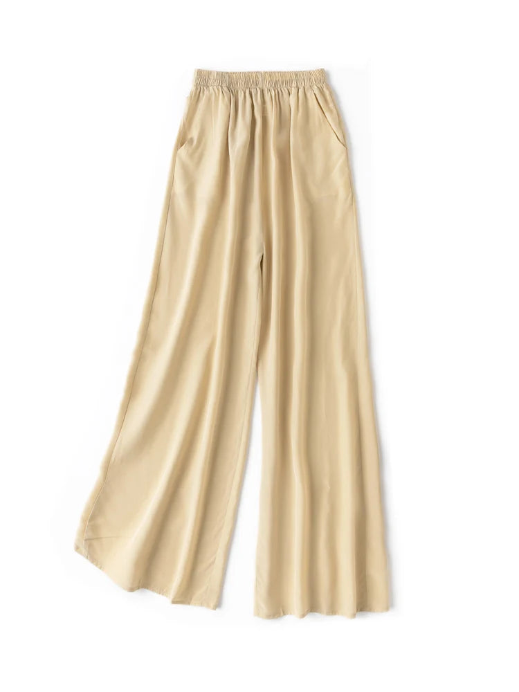 Women Wide Leg Pants 100%Real Silk Solid Elastic Waisted Ankle-length  Office Spring Autumn Chic Trousers Black