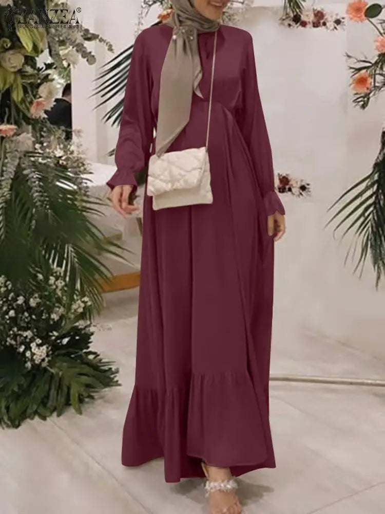 ZANZEA Spring Maxi Sundress Women Muslim Dress Turkey Abaya Dubai Long Vestidos Kaftan  Fashion Long Sleeve IsIamic Robe