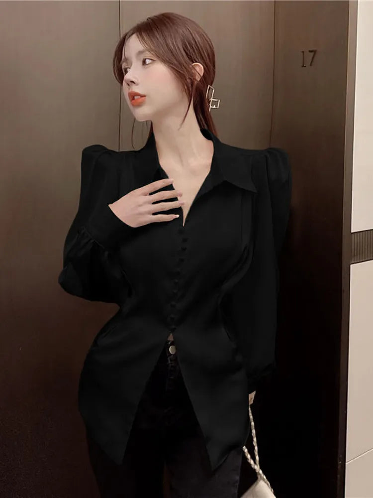 Women Back Bow Elegant Puff Sleeve Shirt Fashion Slim Casual Blouse Korean Hollow Out Turn Down Collar Tops