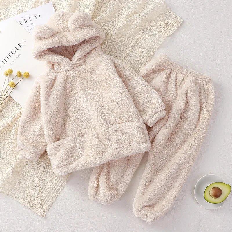 Autumn Winter Warm Plush Boys Clothing Sets Fashion Flannel Hooded Top + Pants Girls Suits Birthday Kids Clothes