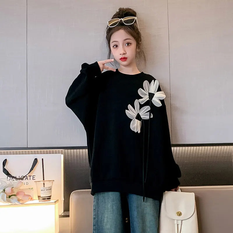 Teen Girls Black Sweatshirt Long Sleeve Tops with Flower Spring Autumn Children Clothes Casual Sweatshirt