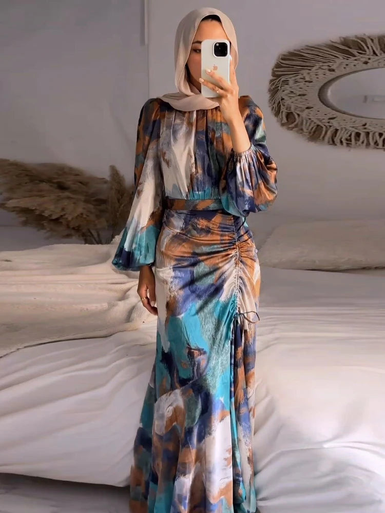 Eid Arab Muslim Party Dress for Women Abaya Print Jalabiya Long Dresses Morocco Kaftan Vestidos Dubai Ramadan Gown Robe