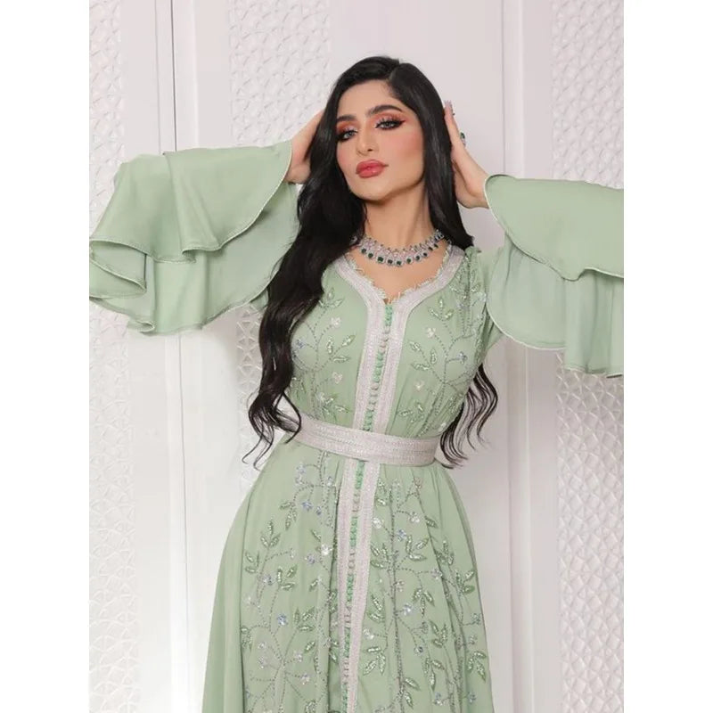 Kaftan Robe Gown Islamic Clothing Maxi Party Abaya Muslim Dress Long Sleeve High Waist Ramadan Caftan