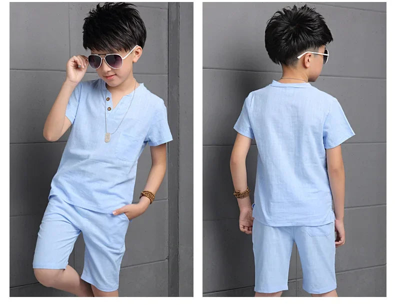 Summer Boys Clothing Set Teenage Kids Tracksuit Cotton Short Sleeve T Shirt + Pants Casual Child Boy Clothes