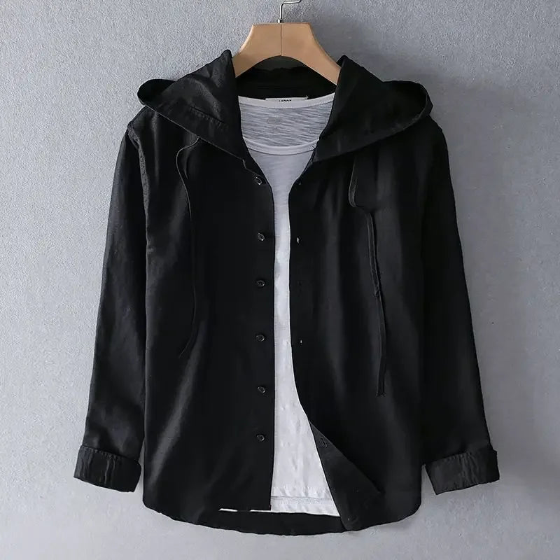 Hooded Long Sleeve Cotton Shirt Man High Street Loose Casual Button All-match Cardigan Q14