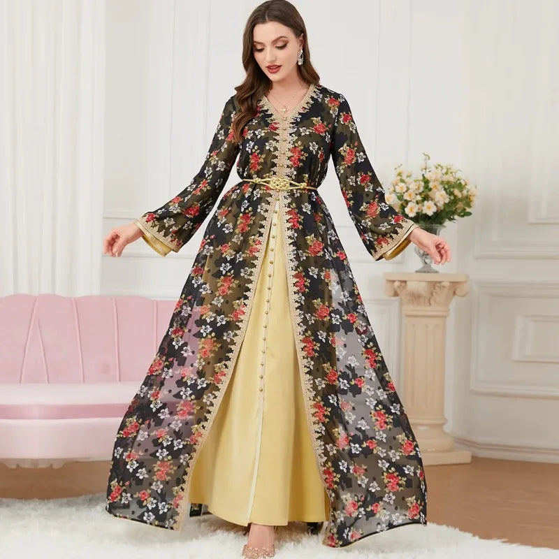 Luxury Eid Muslim Sets for Women Ramadan Arabic Embroidery Abaya Dress Islamic Jalabiya Marocain Clothes Moroccan Kaftan Robe