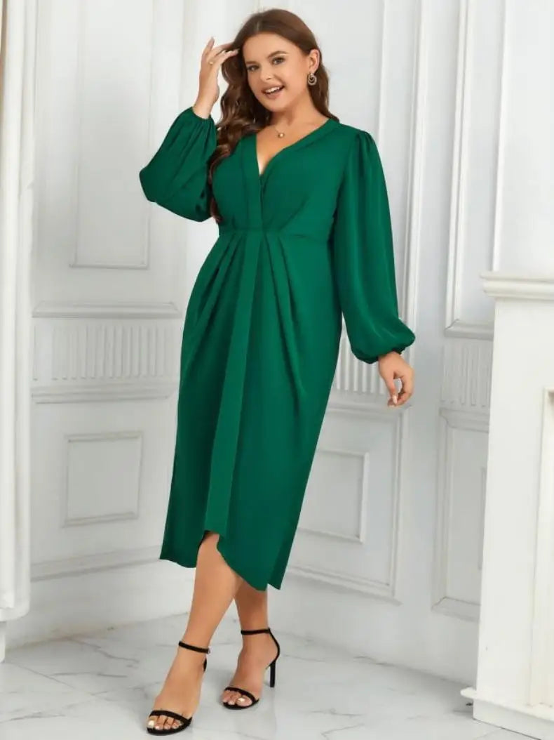 Elegant and Pretty Loose Long Sleeves Dress for Women, Plus Size Casual Irregular, Pleated, V-neck, Party Dresses, Free Shipping