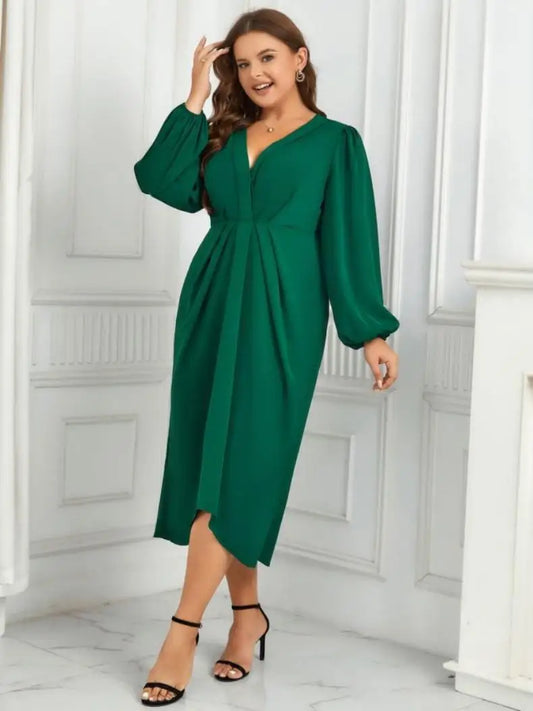 Elegant and Pretty Loose Long Sleeves Dress for Women, Plus Size Casual Irregular, Pleated, V-neck, Party Dresses, Free Shipping