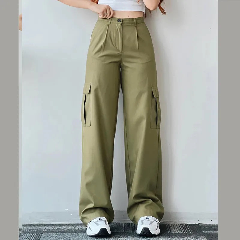 Straight Cargo Pants Women High Waist Baggy Trousers Wide Leg Casual Slim Vintage Streetwear Pocket Fashion Casual Pants