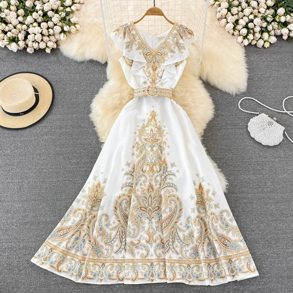 Vintage Women Midi Dress White Floral Printing Ruffles Flying Sleeve Boho Female Elegant Party Evening Vestido Diseñador Lujo