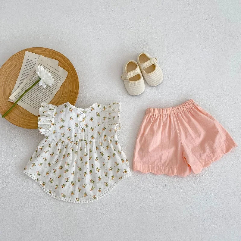 Summer Baby Girl Clothes Set 0-3Years Cute Newborn Kids Flower T-shirt Tops+Elastic Waist Shorts 2PCS Outfits Cotton Suit