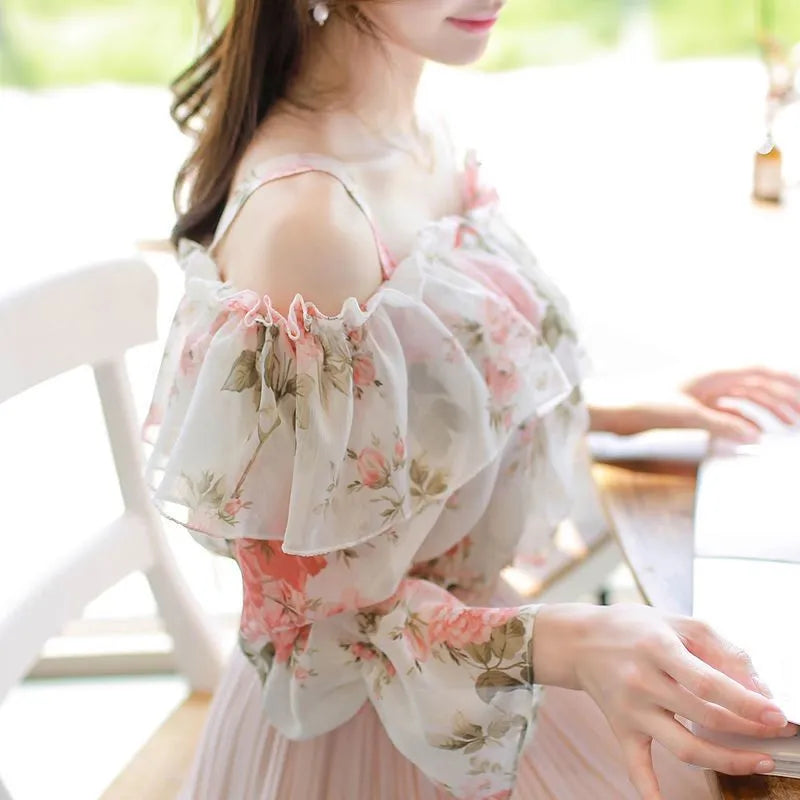 Chiffon Shirt Long Sleeved Top Women Blouse Sweet Broken Flower Prairie Chic