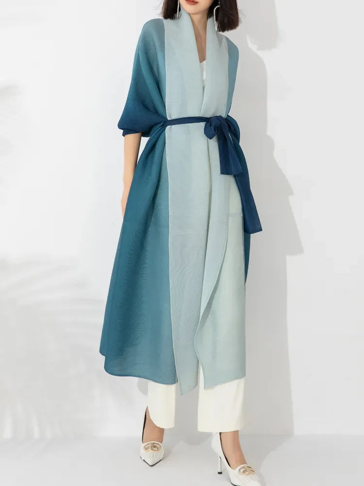 Gradient Pleated Long Trench Women Batwing Sleeves Belt Gathered Waist Windbreaker dresses for Women