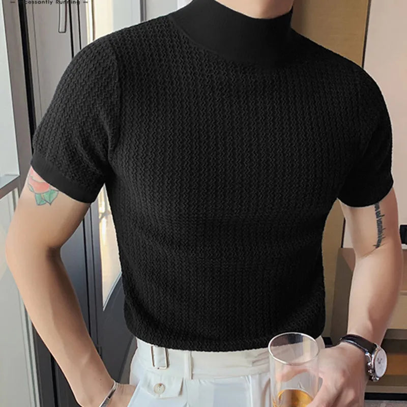 men T-shirt Casual Streetwear High-neck Solid Color Short-sleeved Bottoming Tees Luxury Clothing