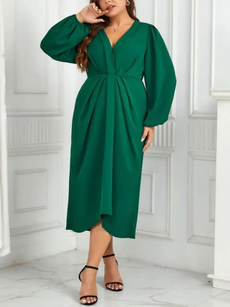 Elegant and Pretty Loose Long Sleeves Dress for Women, Plus Size Casual Irregular, Pleated, V-neck, Party Dresses, Free Shipping