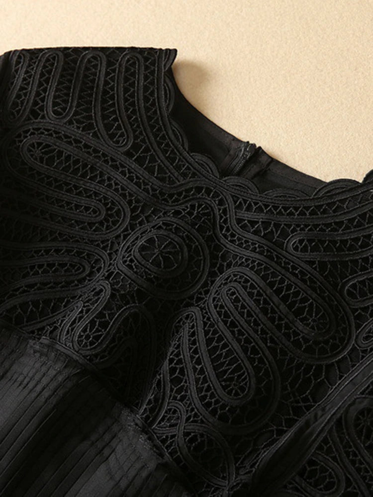Solid Pleated Patchwork Jacquard Dresses For Women Round Neck Long Sleeve High Waist Dress Female Spring  New