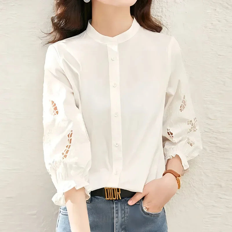 Elegant Fashion Hollow Out Embroidery Spliced Shirt Women's Clothing Spring Loose All-match Solid Button Blouse for Female
