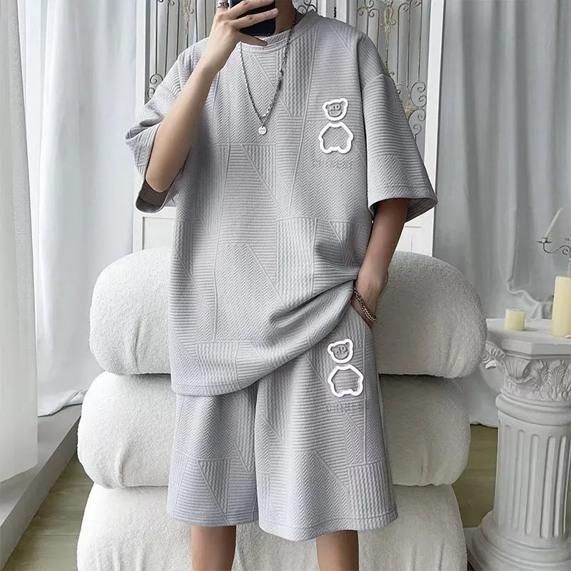 women's  Men's Sports Suit New Korean High Street Fashion T-shirt Shorts Two-piece Set Men Retro Neck Top Designer Clothes unisex