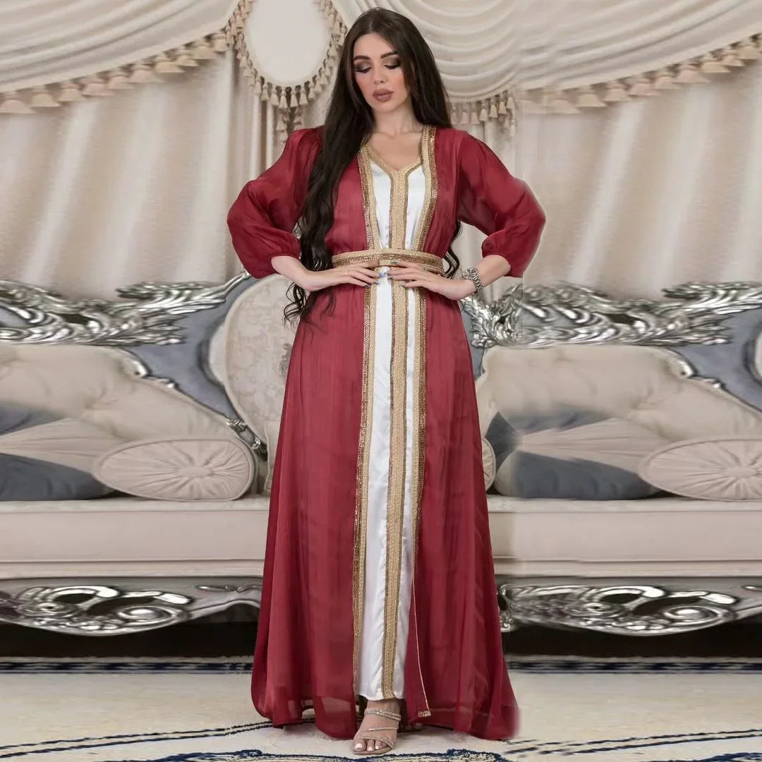 Morocco Muslim Party Dress for Women Satin Abaya 3 Piece Matching Set Turkey Dubai Luxury Kaftan Evening Long Dresses Eid Abayas
